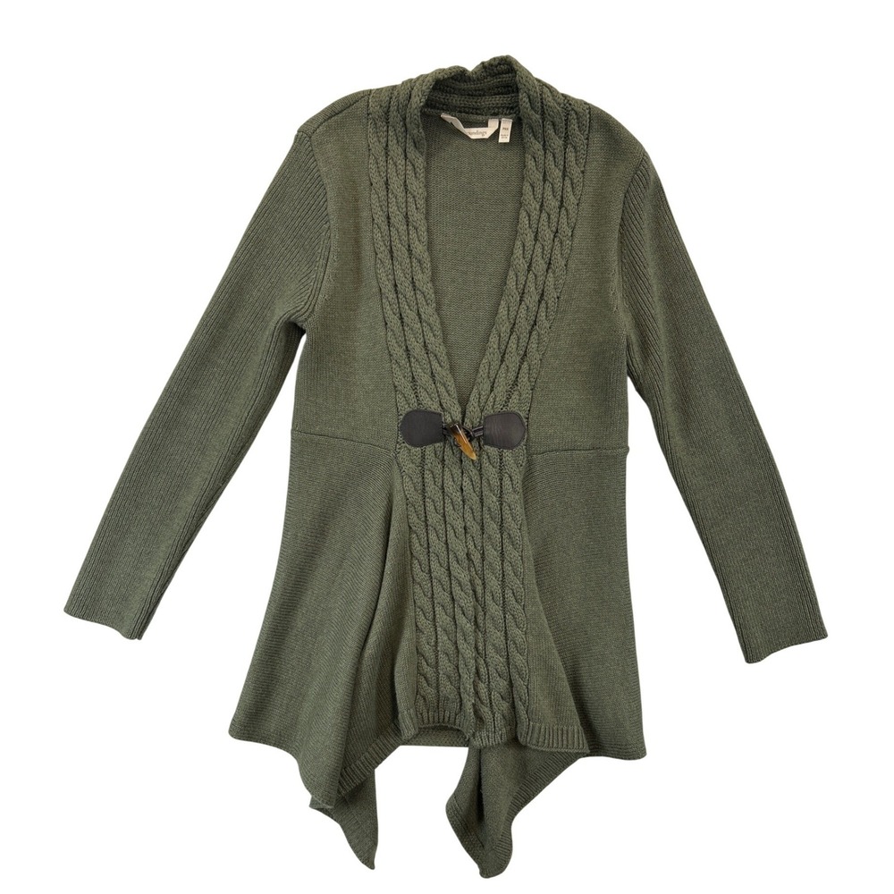Soft Surroundings Cardigan Womens PXS Green Toggle Delacroix Cable Knit Trim
